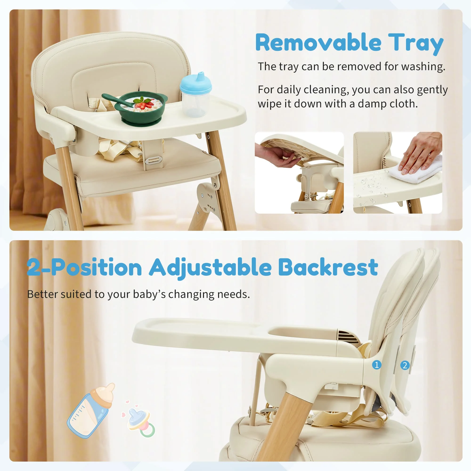 HiMISS Collapsible Portable Baby High Chair, Easy to Clean Waterproof Cushion, Removable Tray, Adjustable Footrest, Compact Toddler Booster Seat