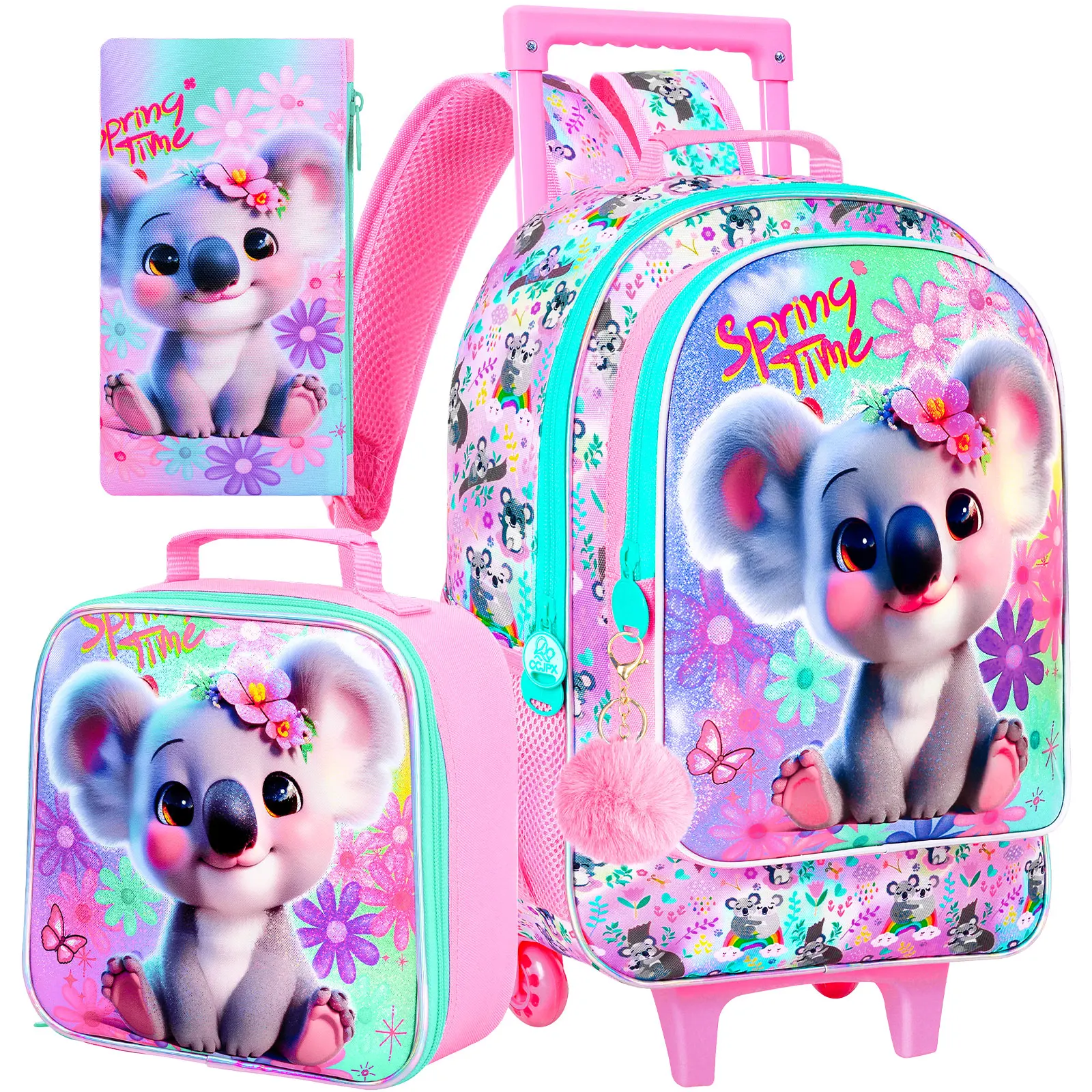 3PCS Rolling Backpack for Girls, Cute Kids Koala Wheeled Bookbag,Roller School Bag with Wheels for Elementary Preschool Travel
