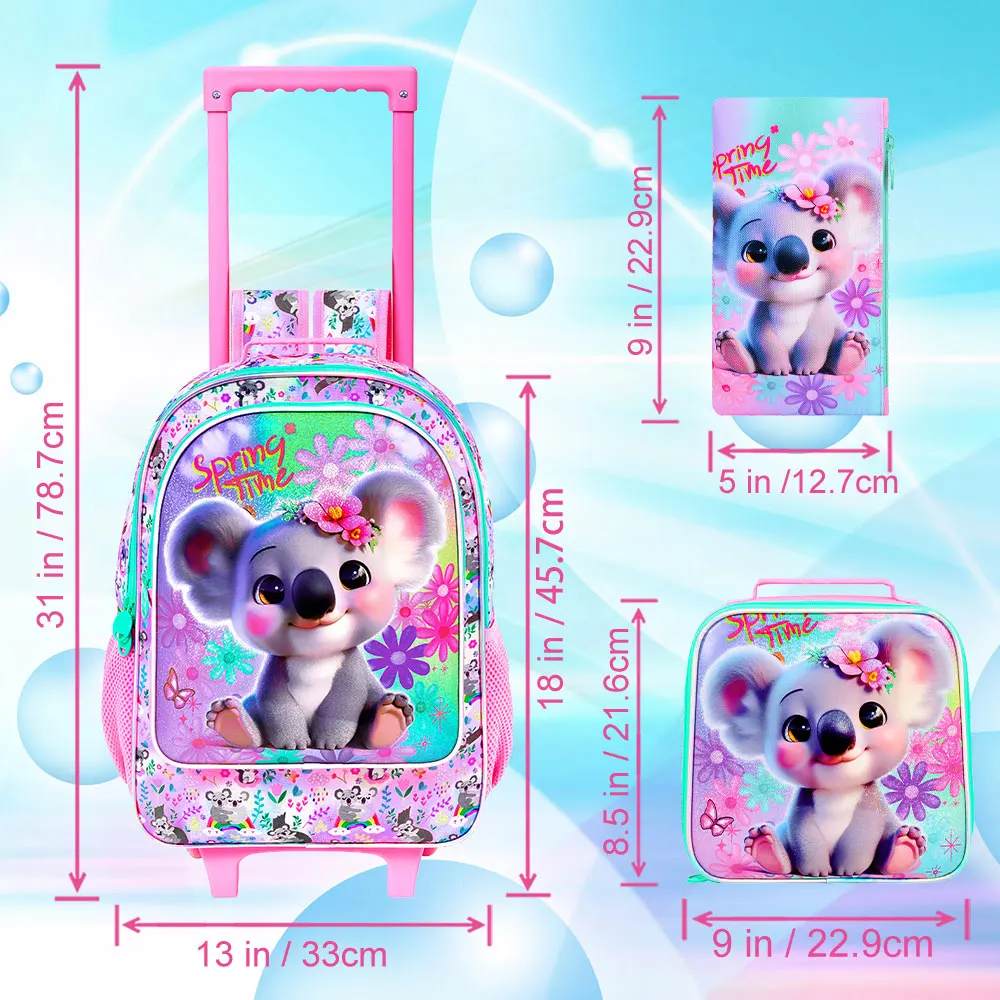 3PCS Rolling Backpack for Girls, Cute Kids Koala Wheeled Bookbag,Roller School Bag with Wheels for Elementary Preschool Travel