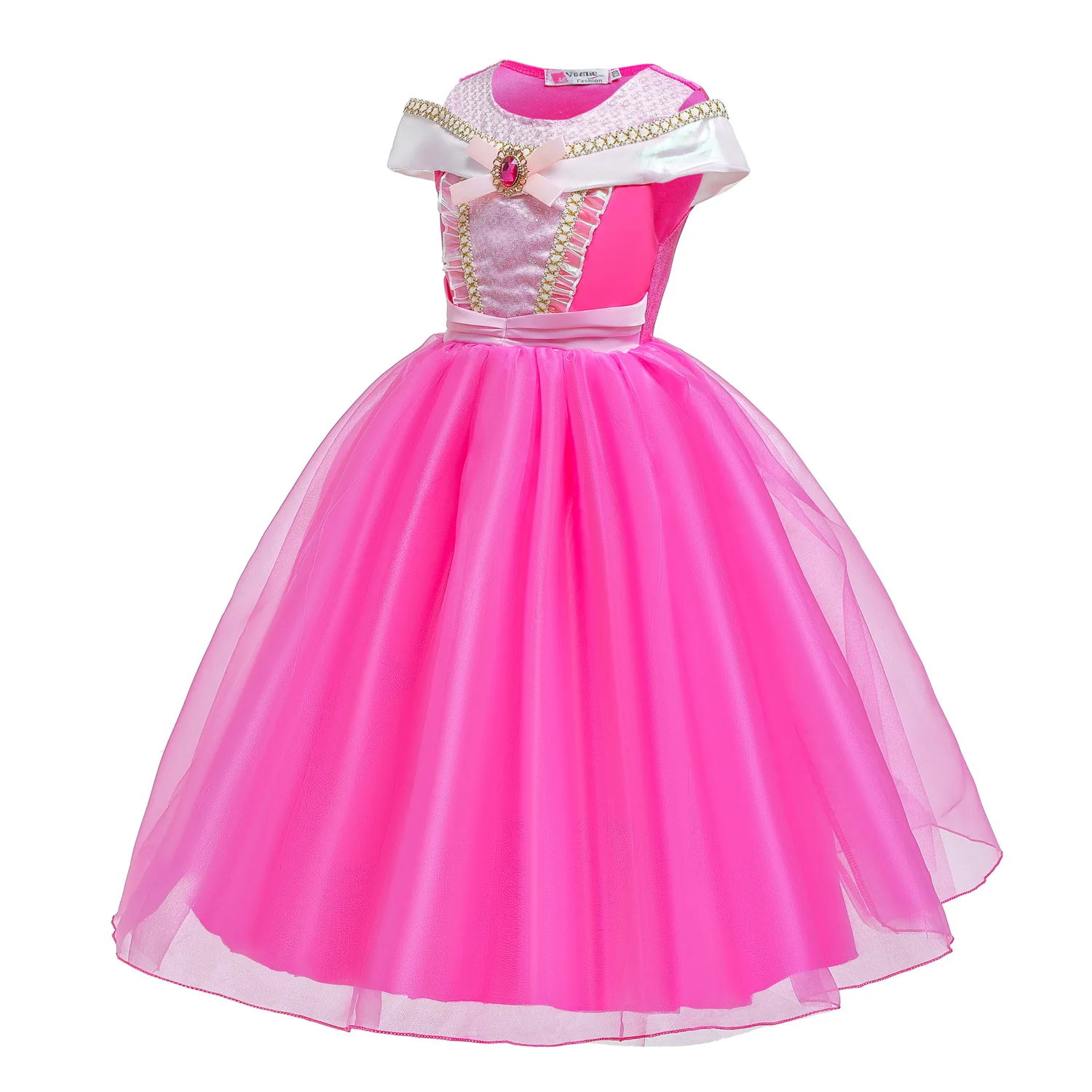 2026 Summer Girls Cosplay Pink Aurora Princess Short Sleeves Dress Birthday Party Elegant Dress + Accessories Fairy Disguise Set