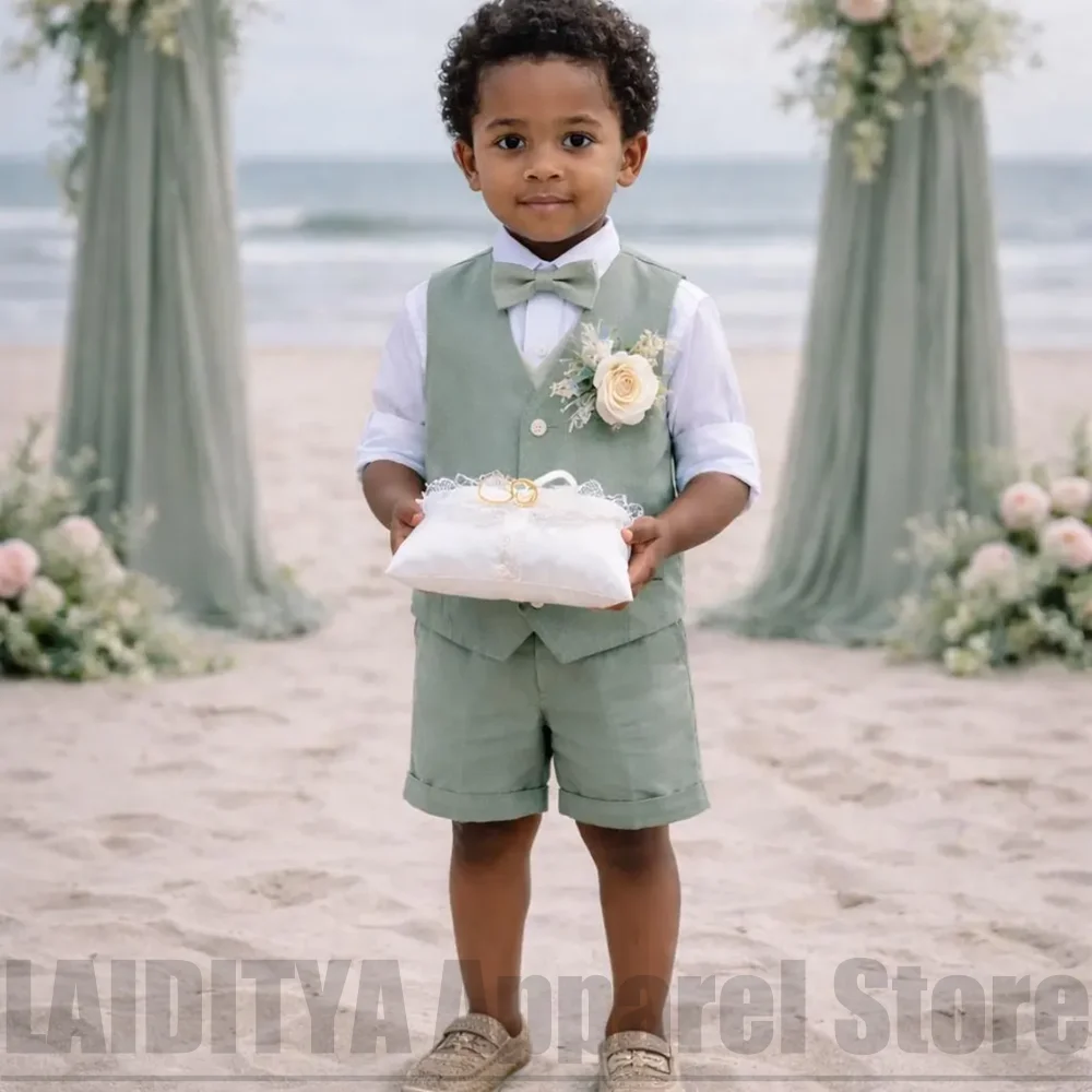 Chic Linen Boys Vest Shorts Suit Kids Beach Wedding Page Boy Outfit Summer Formal Birthday Gentleman Short Pants Set 2 Piece