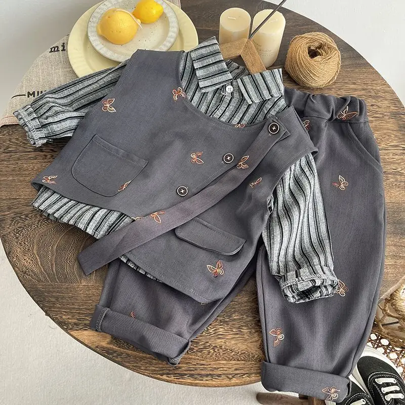 2026 Spring And Autumn New Baby Boy's Clothing Set Korean Edition Handsome Children's Suit Bow Vest Shirt Pants 3PCS 1-5Years