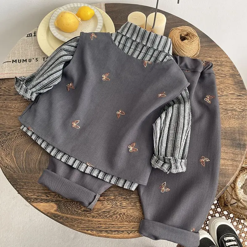 2026 Spring And Autumn New Baby Boy's Clothing Set Korean Edition Handsome Children's Suit Bow Vest Shirt Pants 3PCS 1-5Years