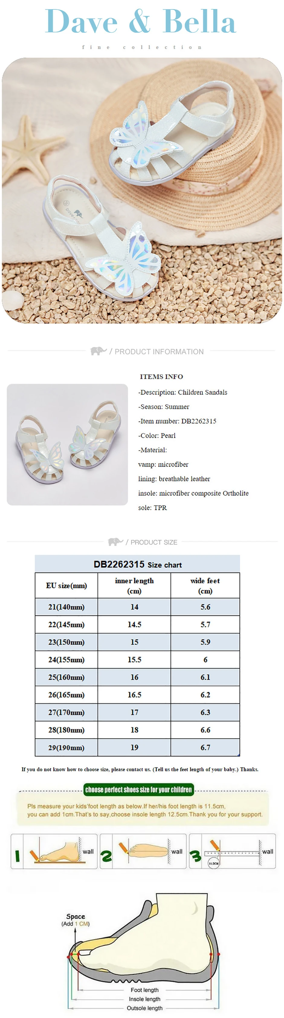Dave Bella Girls Sandals Cool Anti-slip Children Summer Shoes Beach Protect Toes Soft Casual Sandal Butterfly Outdoors DB2262315