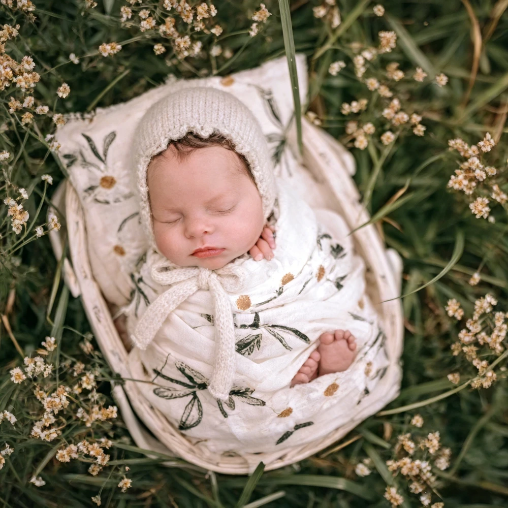Newborn Photography Props Daisy Floral Muslin Swaddle Blanket Baby Photo Shoot Wrap Infant Studio Prop