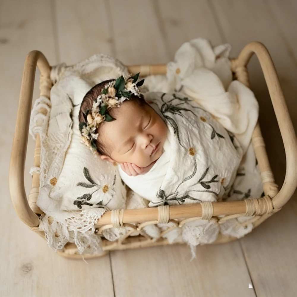 Newborn Photography Props Daisy Floral Muslin Swaddle Blanket Baby Photo Shoot Wrap Infant Studio Prop