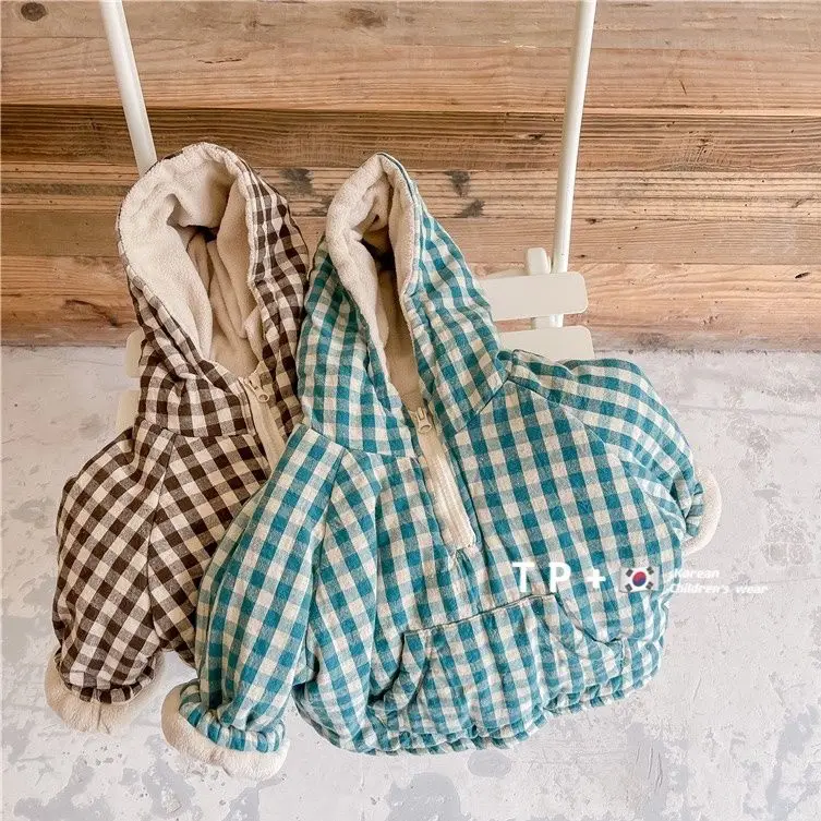 Fashion Plaid Kids Jacket 2026 Korean Thicken Cotton Warm Boys Girls' Coat Baby Cotton Coat Plush Winter Children's Clothing