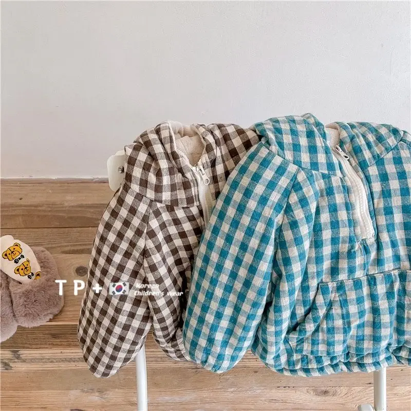 Fashion Plaid Kids Jacket 2026 Korean Thicken Cotton Warm Boys Girls' Coat Baby Cotton Coat Plush Winter Children's Clothing