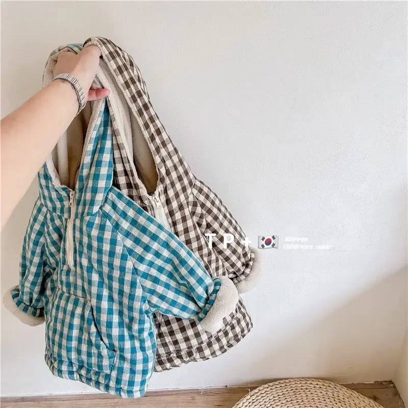 Fashion Plaid Kids Jacket 2026 Korean Thicken Cotton Warm Boys Girls' Coat Baby Cotton Coat Plush Winter Children's Clothing