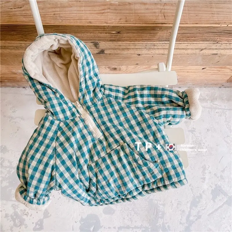Fashion Plaid Kids Jacket 2026 Korean Thicken Cotton Warm Boys Girls' Coat Baby Cotton Coat Plush Winter Children's Clothing