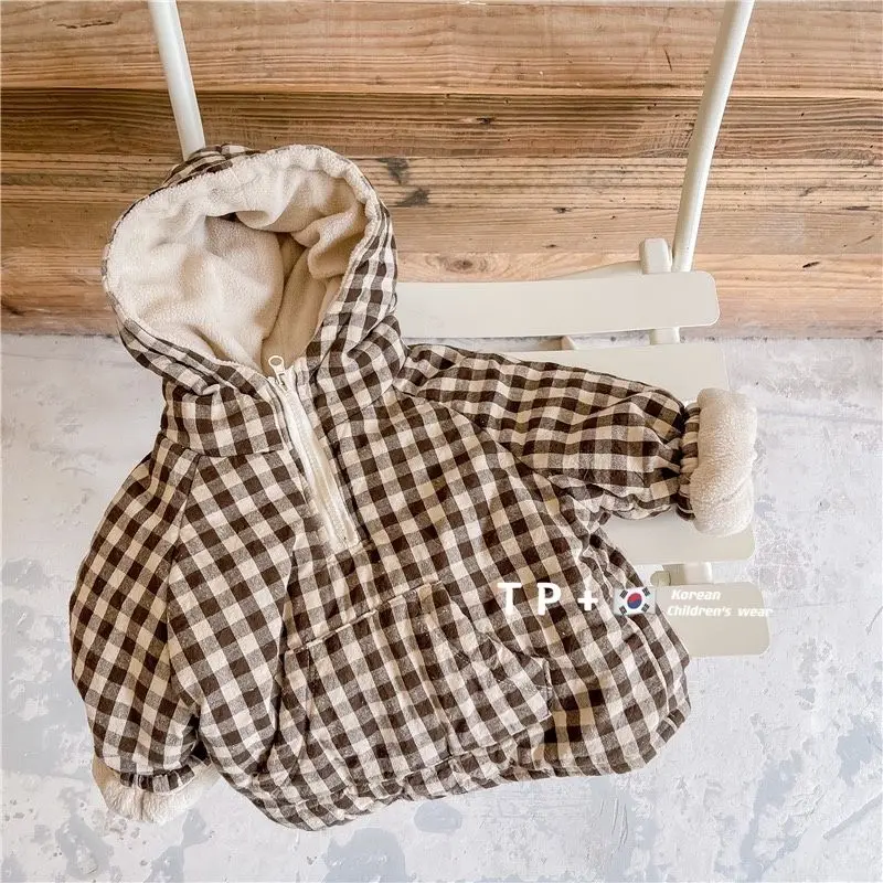 Fashion Plaid Kids Jacket 2026 Korean Thicken Cotton Warm Boys Girls' Coat Baby Cotton Coat Plush Winter Children's Clothing