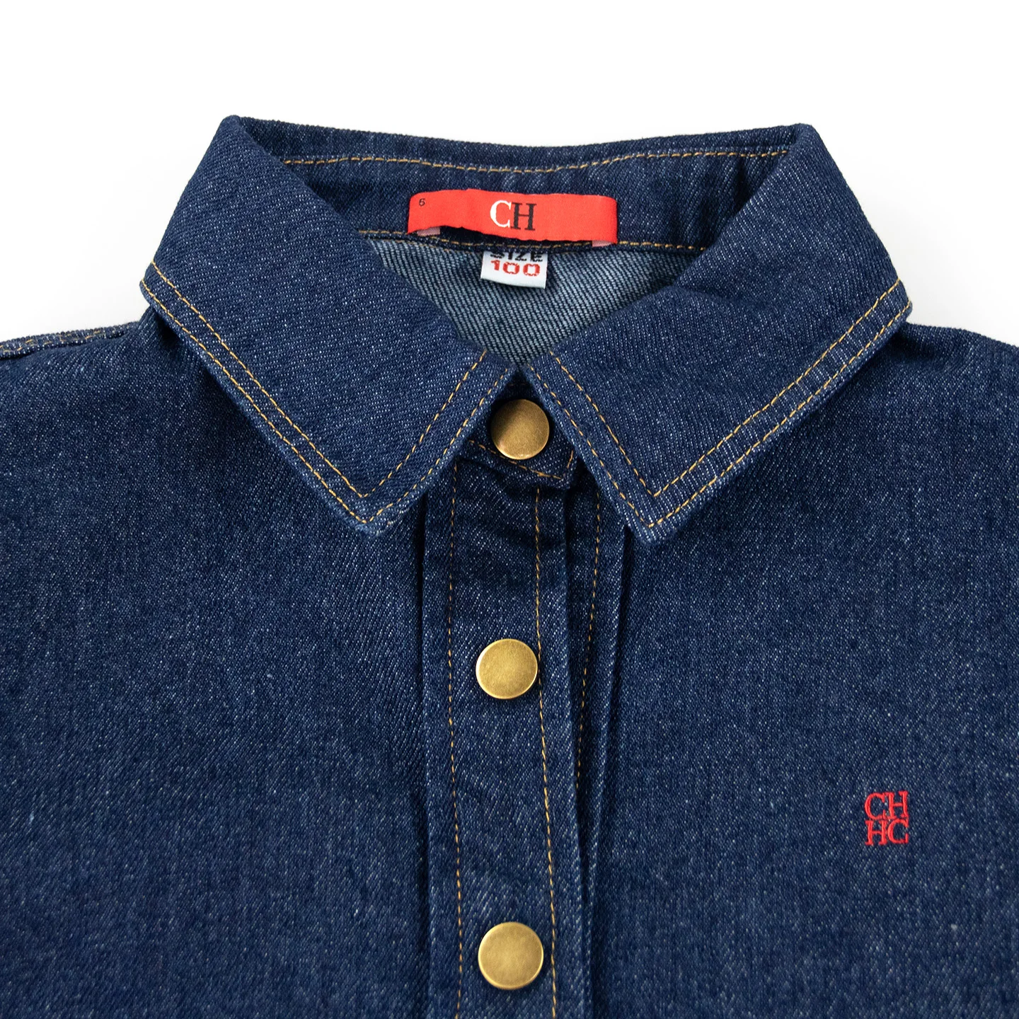 CH Boys Subtle Letter Detail Embroidery Point Collar Snap Fasteners Long Sleeve Denim Shirt Retro Daily Wear