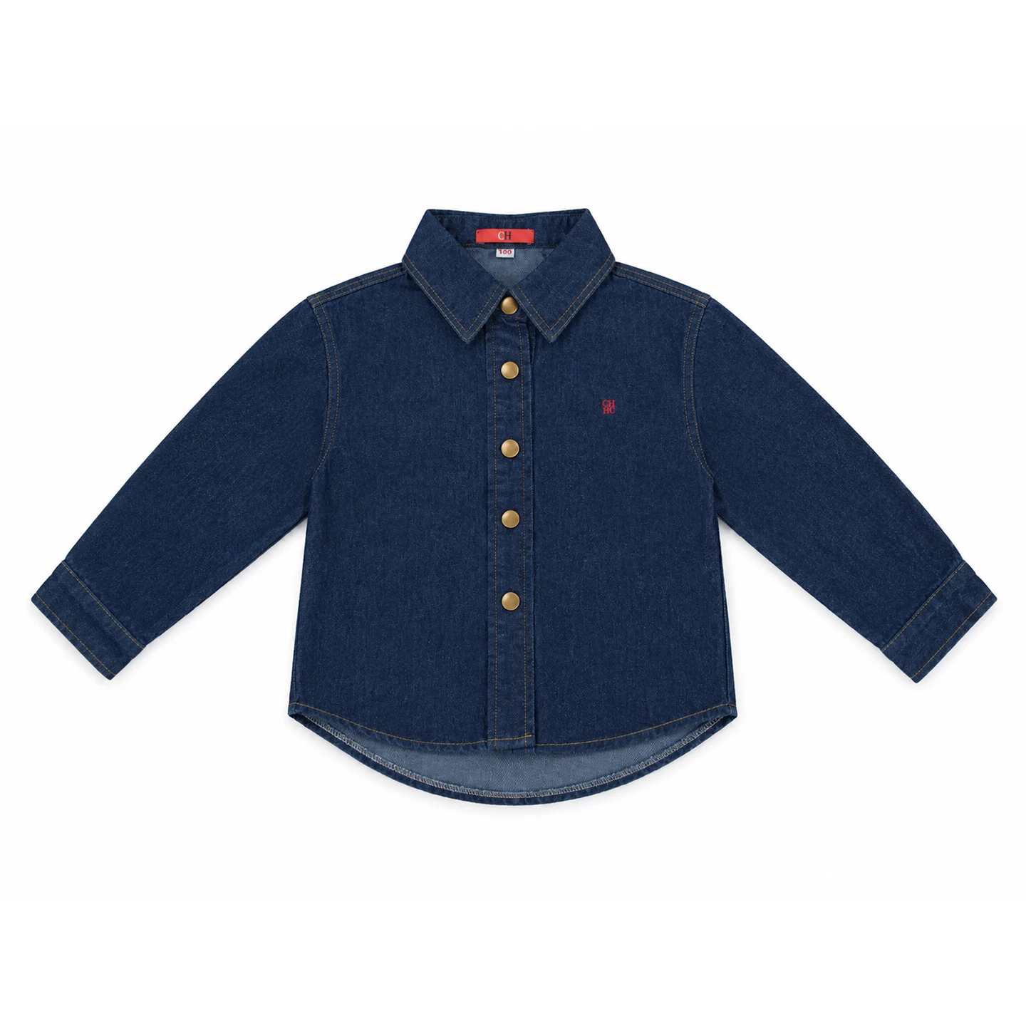CH Boys Subtle Letter Detail Embroidery Point Collar Snap Fasteners Long Sleeve Denim Shirt Retro Daily Wear