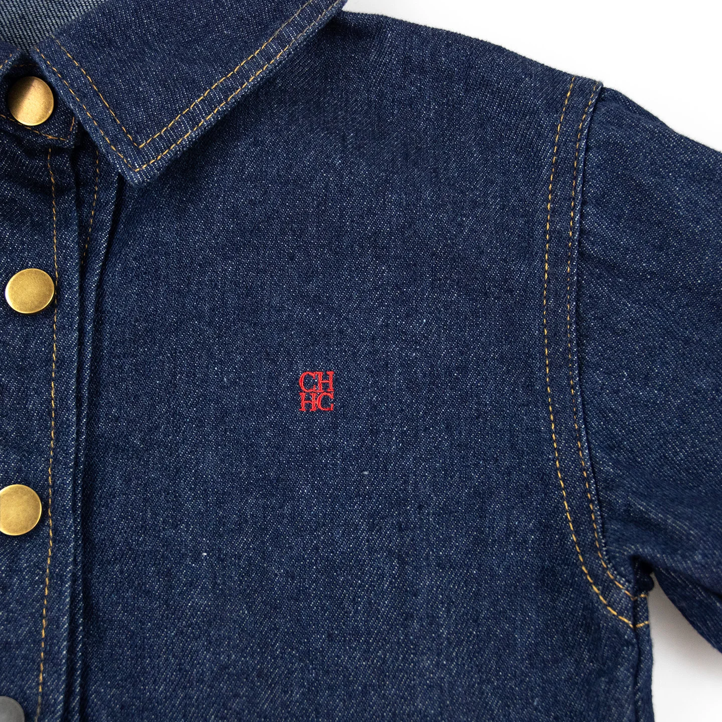 CH Boys Subtle Letter Detail Embroidery Point Collar Snap Fasteners Long Sleeve Denim Shirt Retro Daily Wear