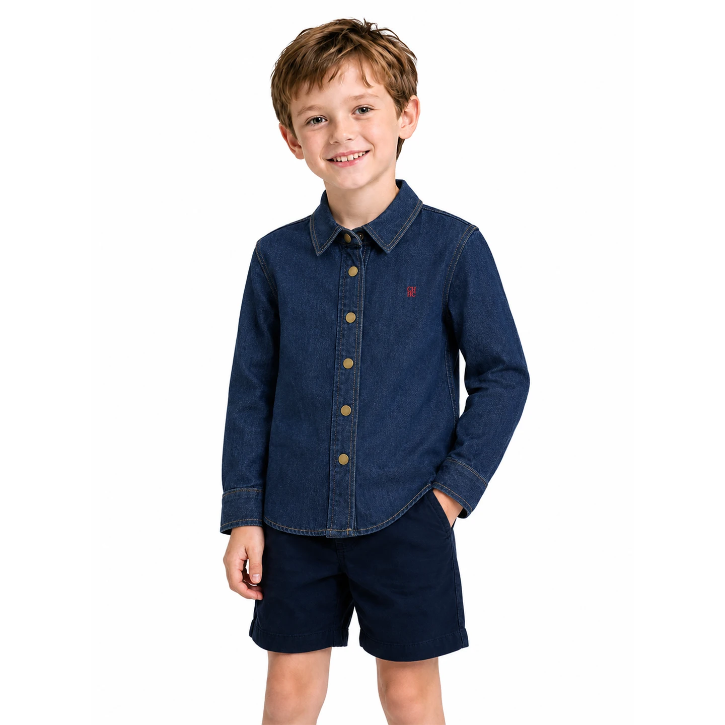 CH Boys Subtle Letter Detail Embroidery Point Collar Snap Fasteners Long Sleeve Denim Shirt Retro Daily Wear