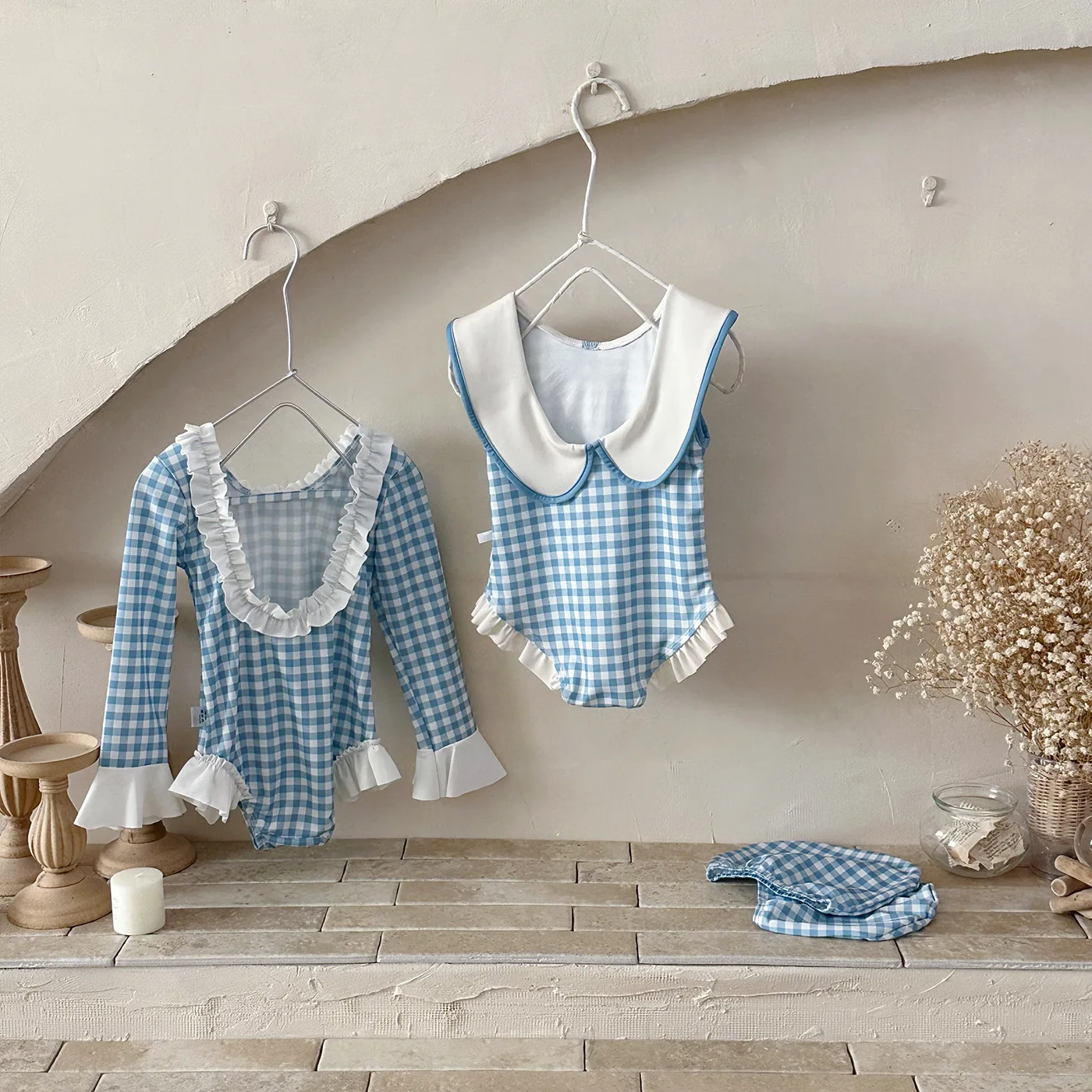 2026 Summer Toddlers Girls Plaid One-piece Swimwear Long Sleeve Sun-proof Beach Bikini Backless Ruffles Kids Swimsuit