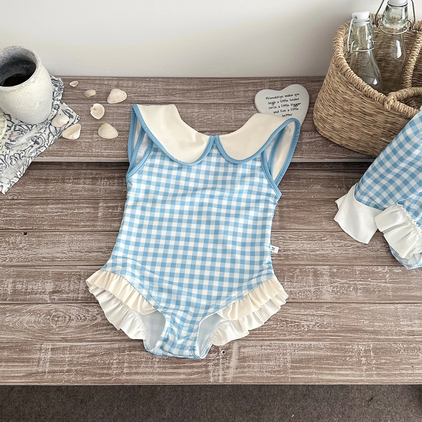 2026 Summer Toddlers Girls Plaid One-piece Swimwear Long Sleeve Sun-proof Beach Bikini Backless Ruffles Kids Swimsuit