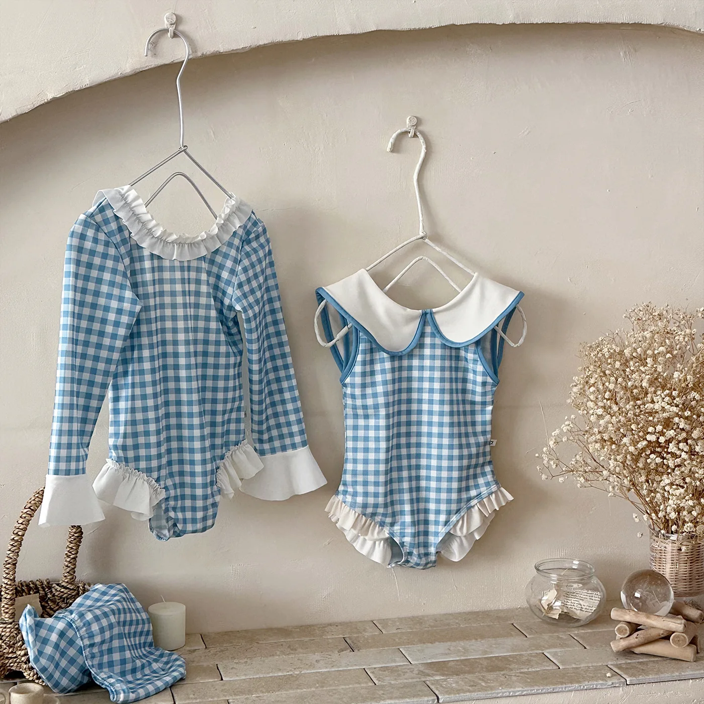 2026 Summer Toddlers Girls Plaid One-piece Swimwear Long Sleeve Sun-proof Beach Bikini Backless Ruffles Kids Swimsuit