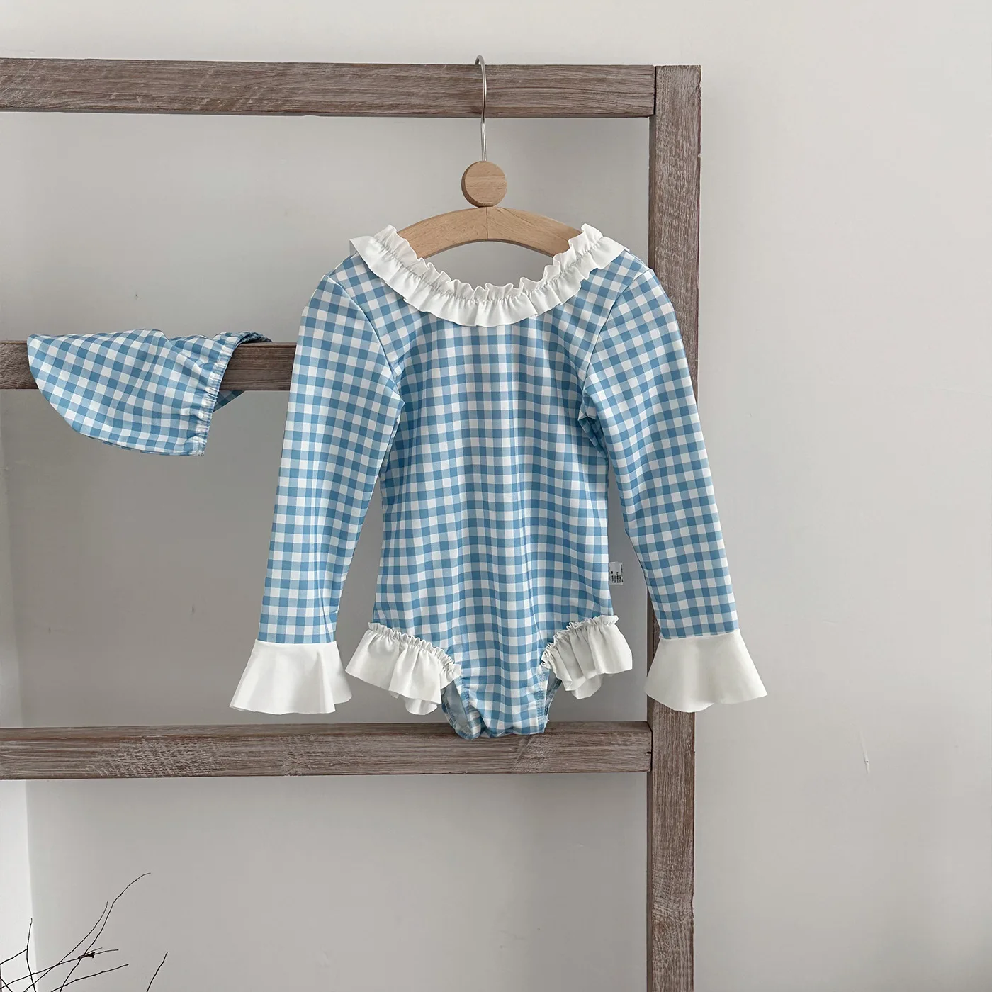 2026 Summer Toddlers Girls Plaid One-piece Swimwear Long Sleeve Sun-proof Beach Bikini Backless Ruffles Kids Swimsuit