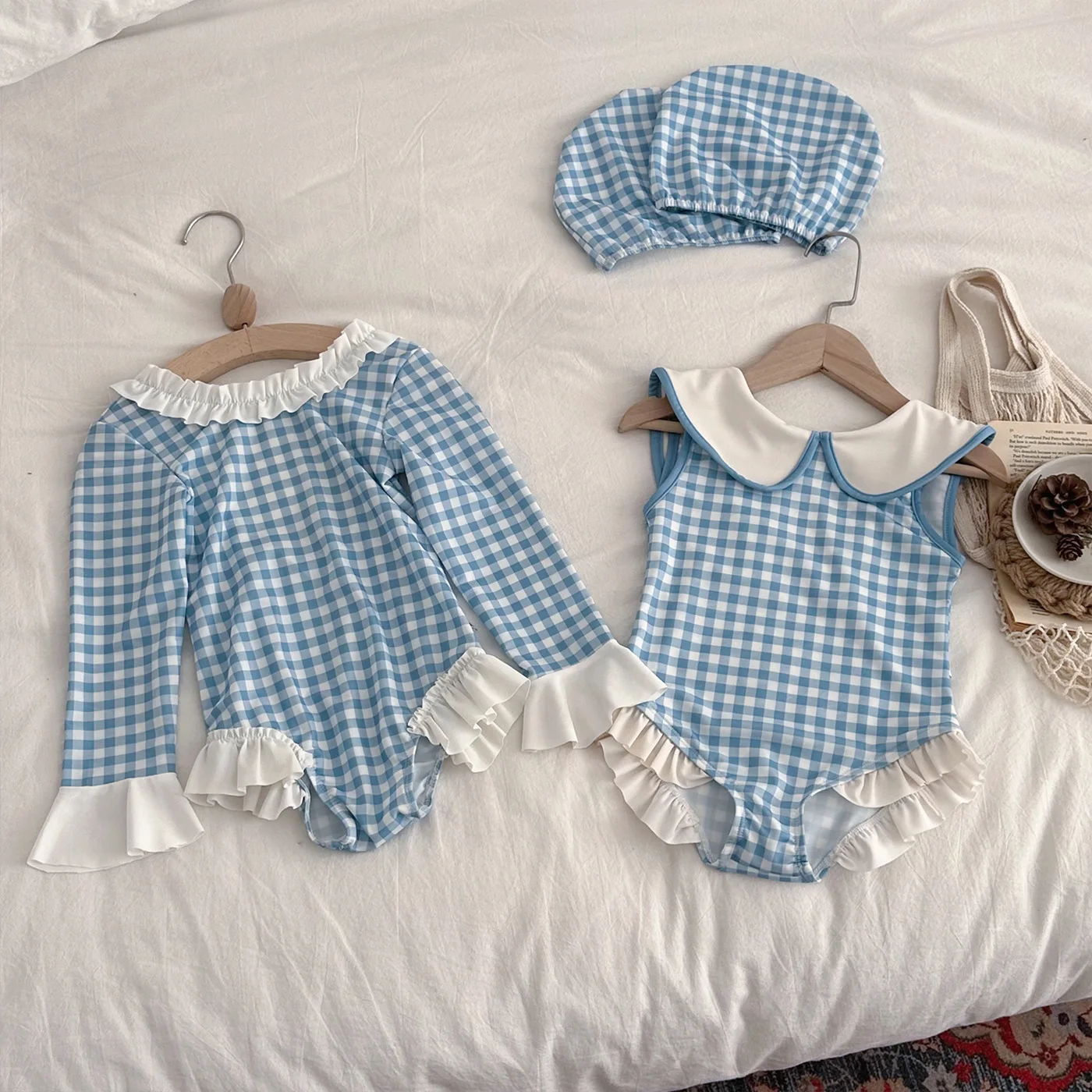 2026 Summer Toddlers Girls Plaid One-piece Swimwear Long Sleeve Sun-proof Beach Bikini Backless Ruffles Kids Swimsuit