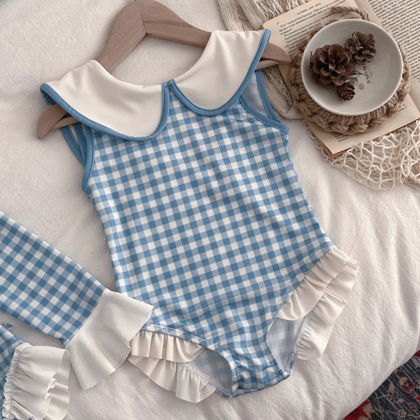 2026 Summer Toddlers Girls Plaid One-piece Swimwear Long Sleeve Sun-proof Beach Bikini Backless Ruffles Kids Swimsuit
