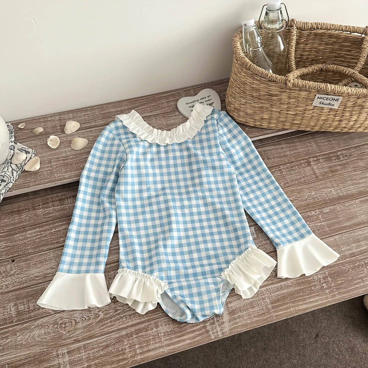 2026 Summer Toddlers Girls Plaid One-piece Swimwear Long Sleeve Sun-proof Beach Bikini Backless Ruffles Kids Swimsuit