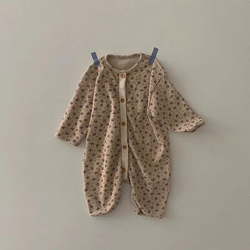 2026 Autumn Baby Clothes Waffle Infant Girls Rompers Floral Toddler Clothes