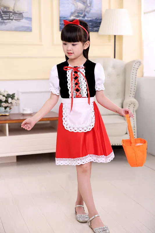 Halloween Carnival Birthday Party 5 Pieces Set Little Red Riding Hood Cosplay Costume Princess Dress + Accessories Set 1-12Yrs