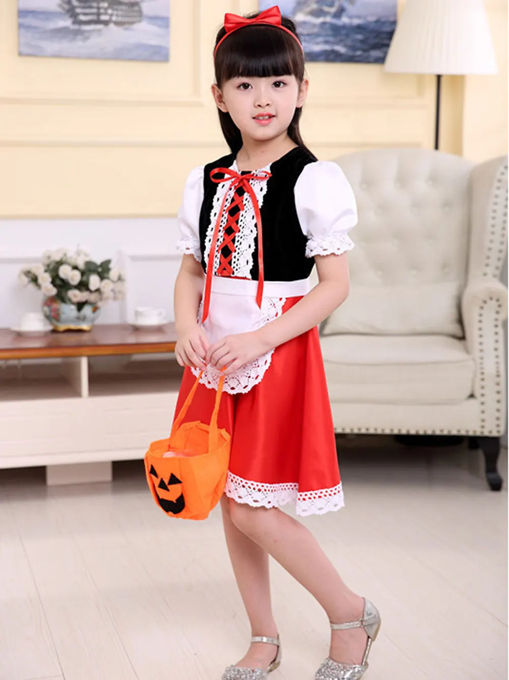 Halloween Carnival Birthday Party 5 Pieces Set Little Red Riding Hood Cosplay Costume Princess Dress + Accessories Set 1-12Yrs
