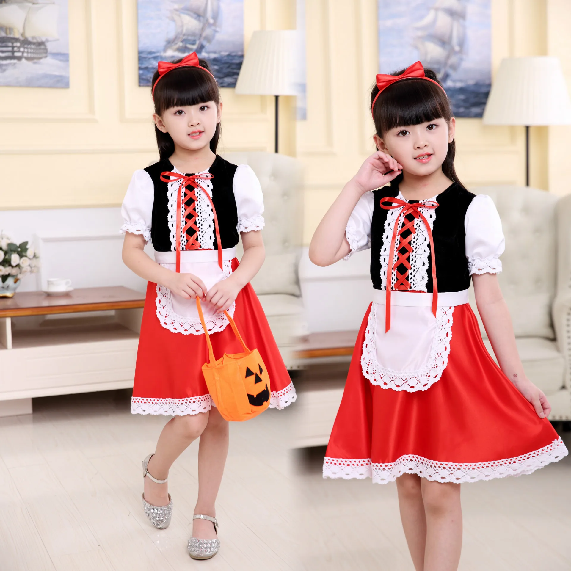 Halloween Carnival Birthday Party 5 Pieces Set Little Red Riding Hood Cosplay Costume Princess Dress + Accessories Set 1-12Yrs