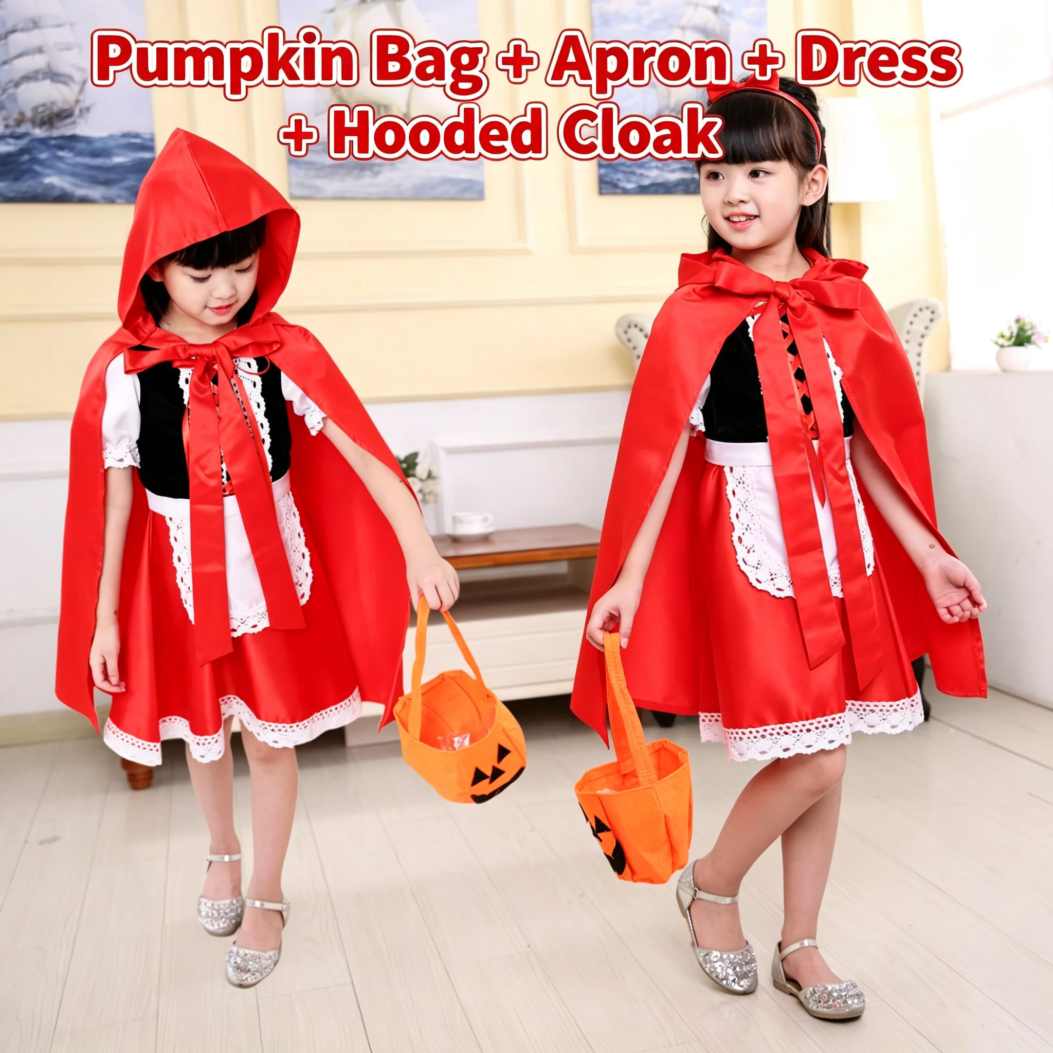 Halloween Carnival Birthday Party 5 Pieces Set Little Red Riding Hood Cosplay Costume Princess Dress + Accessories Set 1-12Yrs