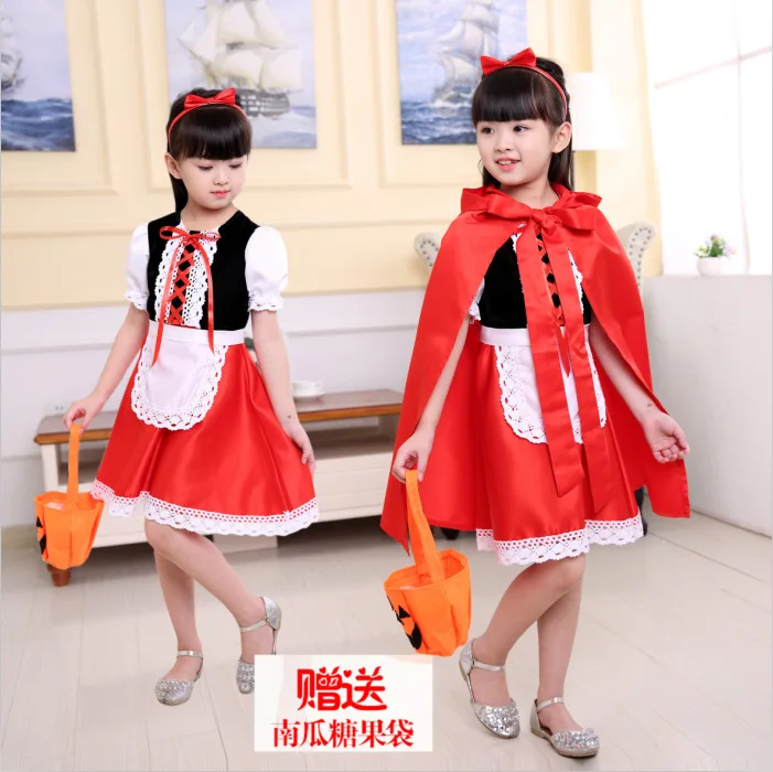 Halloween Carnival Birthday Party 5 Pieces Set Little Red Riding Hood Cosplay Costume Princess Dress + Accessories Set 1-12Yrs