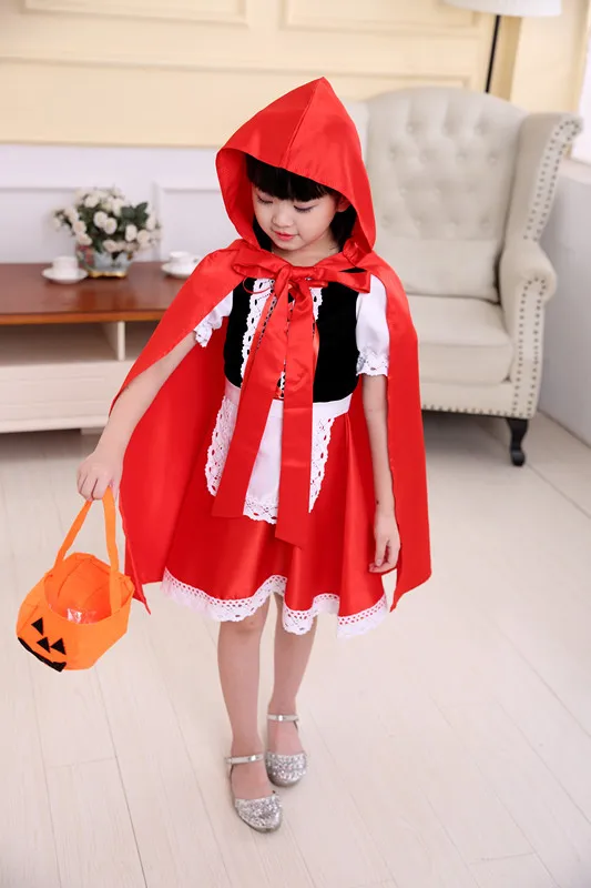 Halloween Carnival Birthday Party 5 Pieces Set Little Red Riding Hood Cosplay Costume Princess Dress + Accessories Set 1-12Yrs