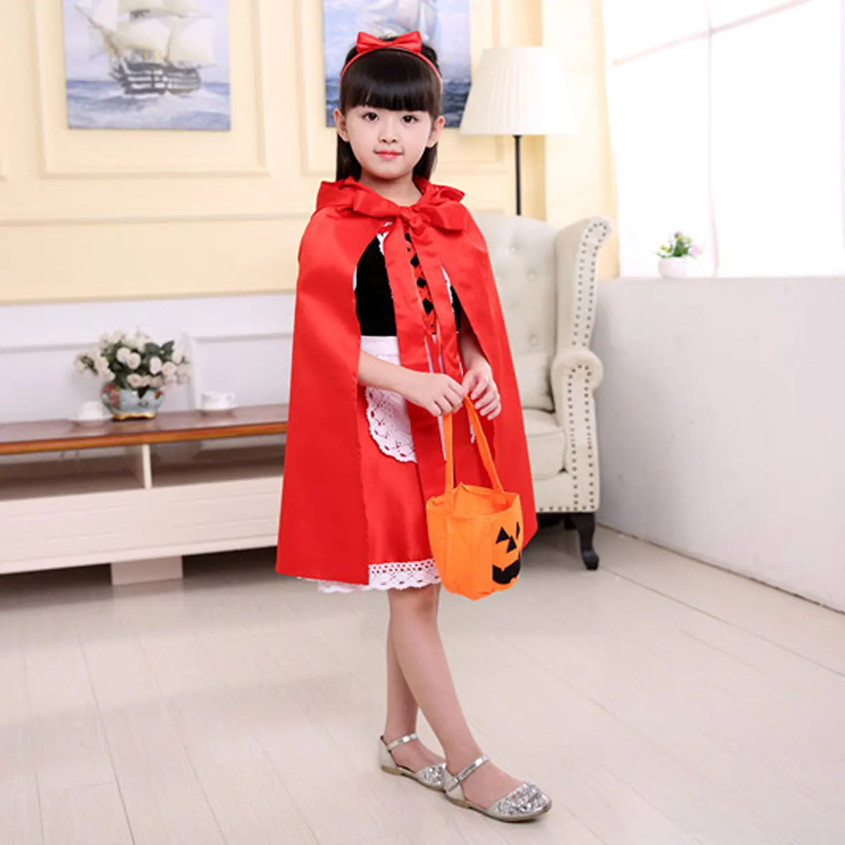 Halloween Carnival Birthday Party 5 Pieces Set Little Red Riding Hood Cosplay Costume Princess Dress + Accessories Set 1-12Yrs