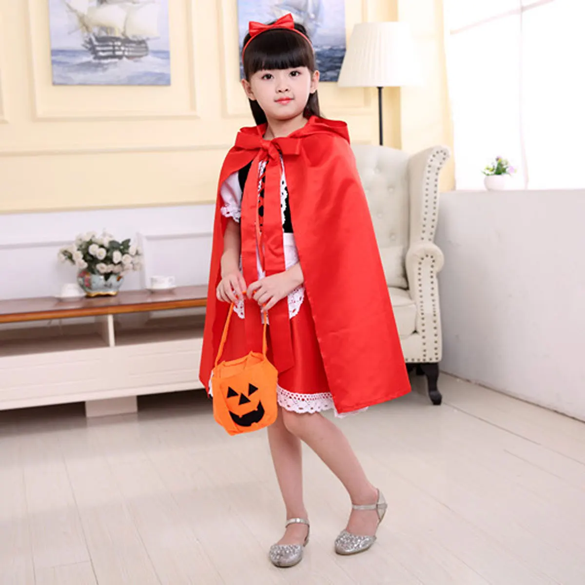 Halloween Carnival Birthday Party 5 Pieces Set Little Red Riding Hood Cosplay Costume Princess Dress + Accessories Set 1-12Yrs