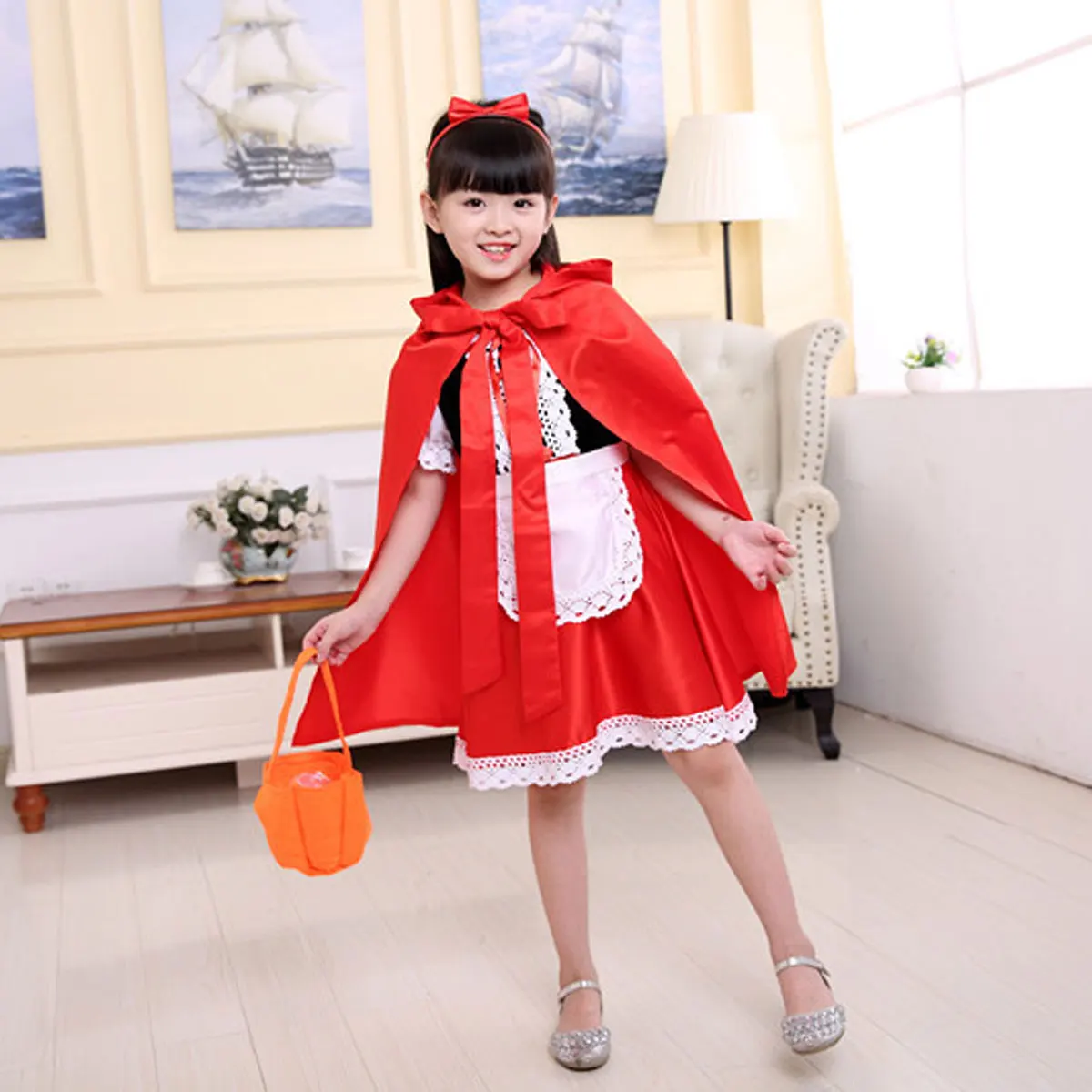 Halloween Carnival Birthday Party 5 Pieces Set Little Red Riding Hood Cosplay Costume Princess Dress + Accessories Set 1-12Yrs
