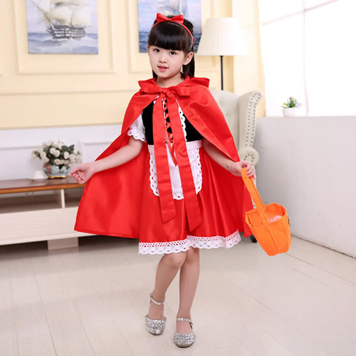 Halloween Carnival Birthday Party 5 Pieces Set Little Red Riding Hood Cosplay Costume Princess Dress + Accessories Set 1-12Yrs