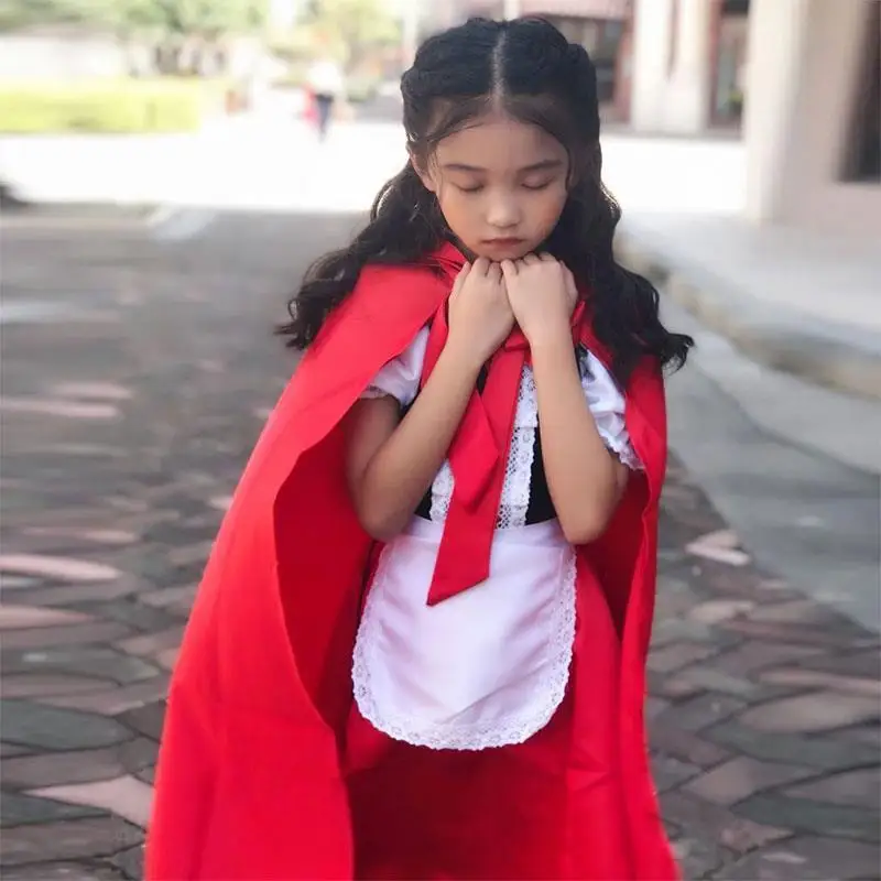 Halloween Carnival Birthday Party 5 Pieces Set Little Red Riding Hood Cosplay Costume Princess Dress + Accessories Set 1-12Yrs