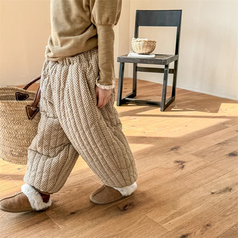 2026 Winter Korean Style Children Cotton-padded Trousers Thicken Warm Printed Baby Girls Lantern Pants