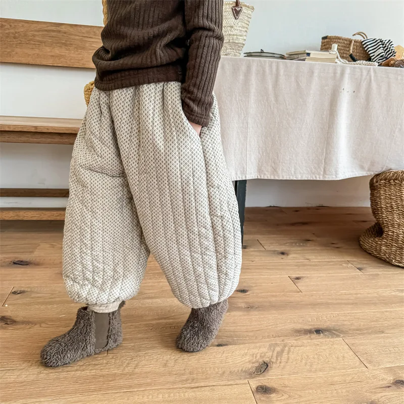 2026 Winter Korean Style Children Cotton-padded Trousers Thicken Warm Printed Baby Girls Lantern Pants