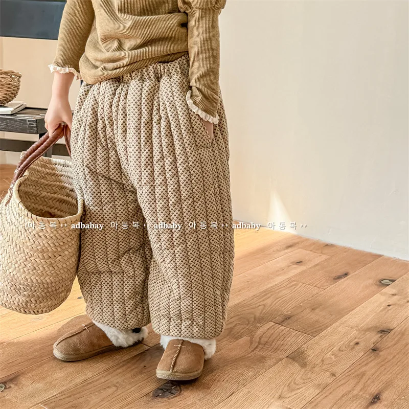 2026 Winter Korean Style Children Cotton-padded Trousers Thicken Warm Printed Baby Girls Lantern Pants