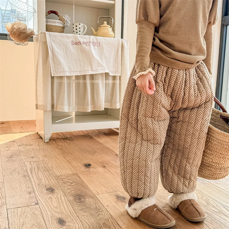 2026 Winter Korean Style Children Cotton-padded Trousers Thicken Warm Printed Baby Girls Lantern Pants