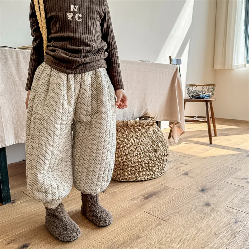 2026 Winter Korean Style Children Cotton-padded Trousers Thicken Warm Printed Baby Girls Lantern Pants