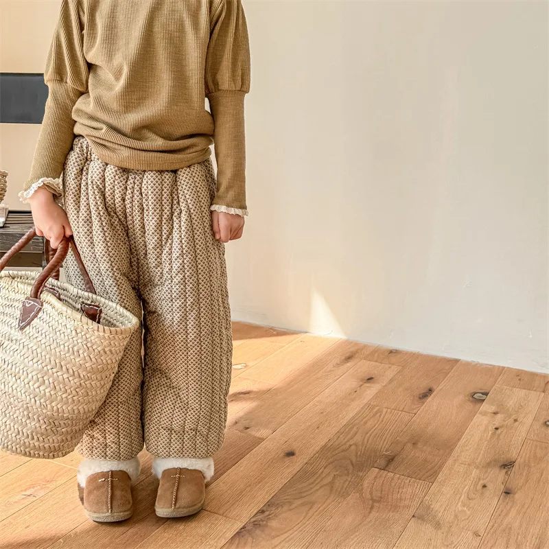 2026 Winter Korean Style Children Cotton-padded Trousers Thicken Warm Printed Baby Girls Lantern Pants