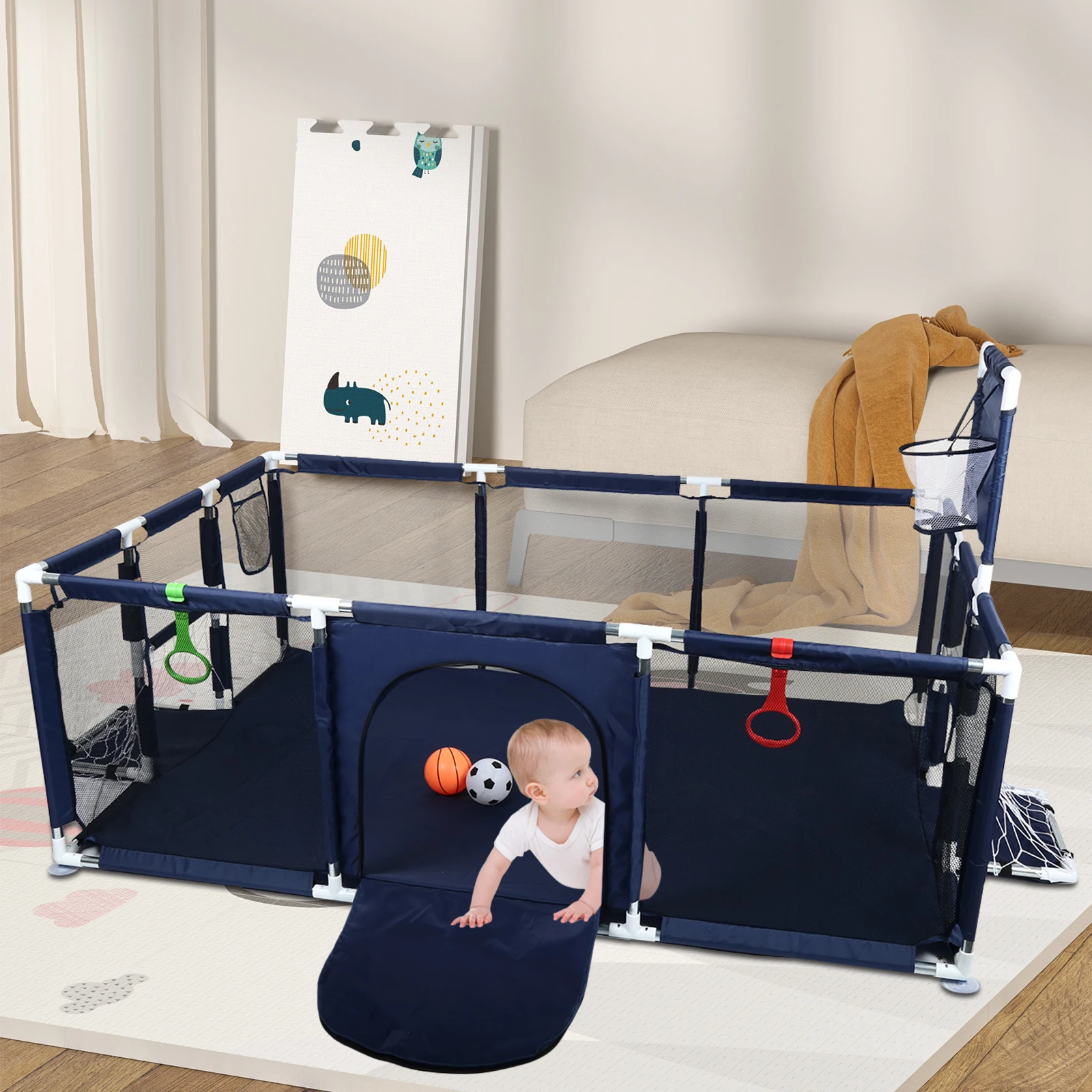 Baby Playpen, Small Playpen with Barriers, Oxford Fabric Baby Playpen, 1 Football, 1 Basketball, 1 Air Pump, 2 Rings, 8 Suction Cups, The Small Playpen for Apartments