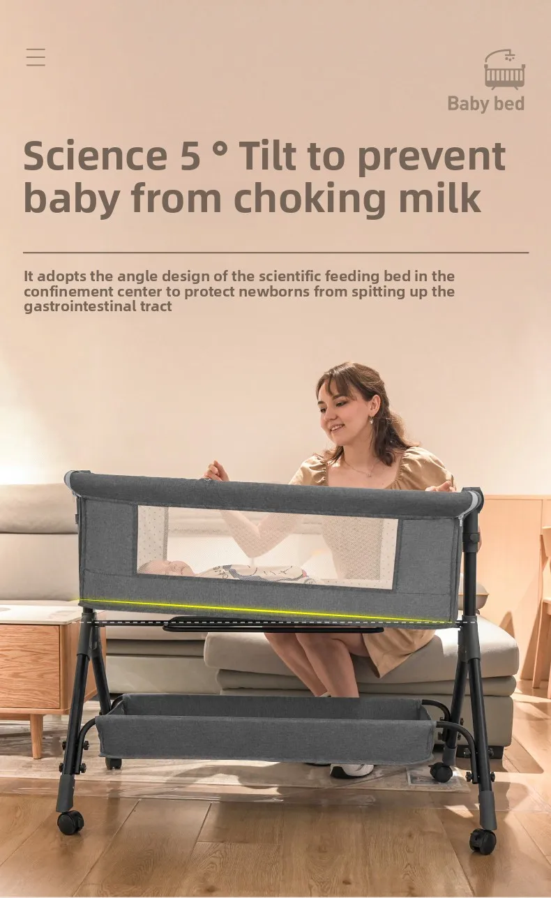 3 Height Adjustable Baby Bassinet Portable Bedside Co Sleeper Mobile Infant Cradle Rocking Bed with 5 Degree Anti Milk Spitting Tilt Lockable Silent Swivel Wheels Bottom Storage Basket Sunshade Mosquito Net Breathable Mesh Cot for Newborns