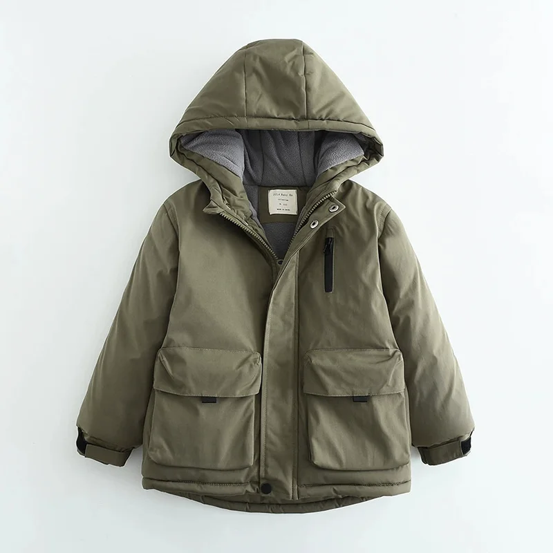 Boys Winter Hooded Cotton Jacket Polar Fleece Thicken Warm Coat 4-12 Years Kids Windproof Rainproof Outdoor Sports Outerwear