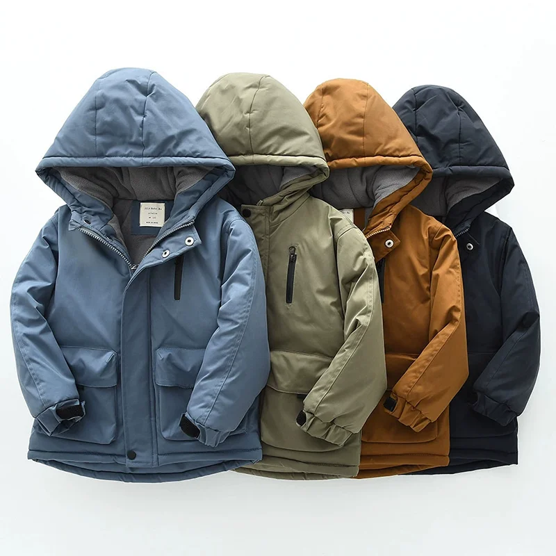 Boys Winter Hooded Cotton Jacket Polar Fleece Thicken Warm Coat 4-12 Years Kids Windproof Rainproof Outdoor Sports Outerwear