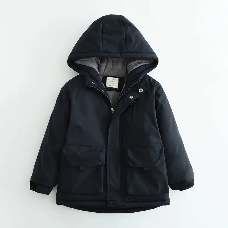 Boys Winter Hooded Cotton Jacket Polar Fleece Thicken Warm Coat 4-12 Years Kids Windproof Rainproof Outdoor Sports Outerwear