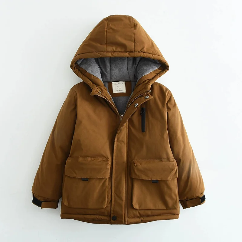 Boys Winter Hooded Cotton Jacket Polar Fleece Thicken Warm Coat 4-12 Years Kids Windproof Rainproof Outdoor Sports Outerwear